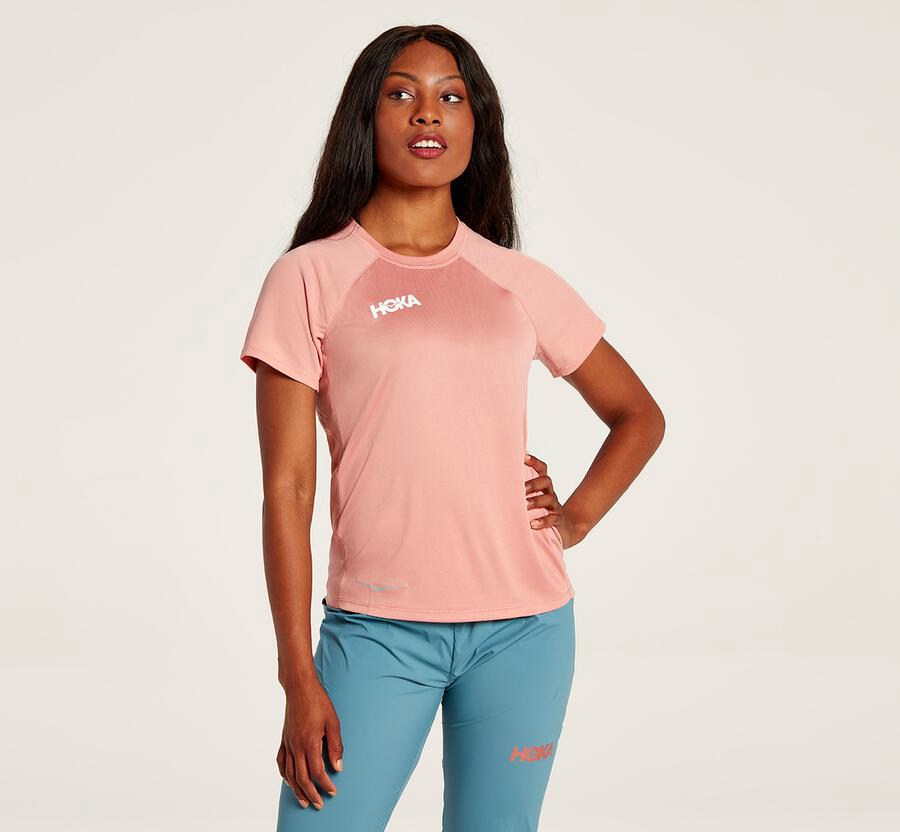 Top Hoka One One Mujer Rosas - Performance Short Sleeve - EXTZ48315